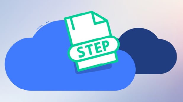 Twee overlappende wolk-iconen in licht- en donkerblauw, met een documentillustratie met groene rand en het woord "STEP" erop, zwevend boven de wolken.