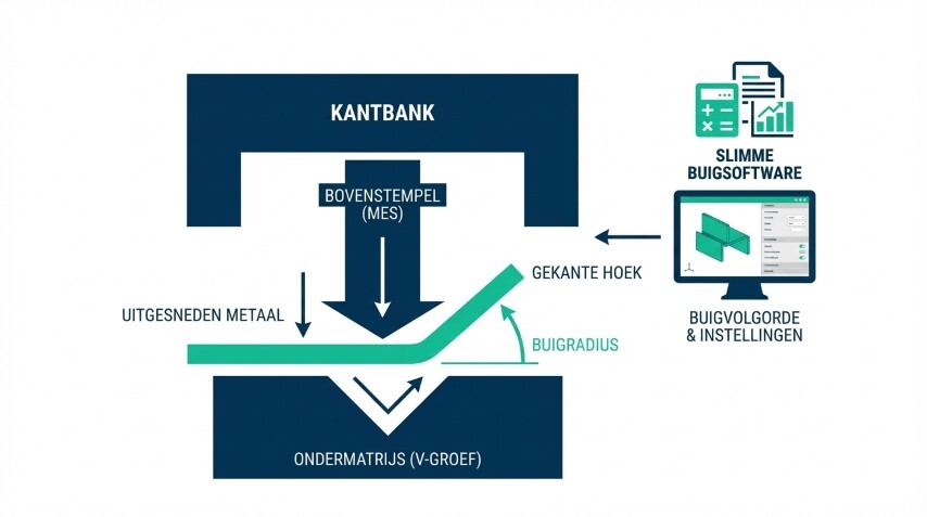 Schematische weergave van het kantenproces: metaalplaat tussen bovenstempel en V-groef ondermatrijs, inclusief buigradius en software‑gestuurde buigvolgorde.