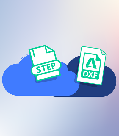 Cloudpictogrammen met bestandsiconen voor STEP- en DXF-bestanden, inclusief een AutoCAD-logo.