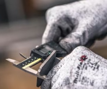 Persoon met grijze handschoenen gebruikt een digitale schuifmaat om een object te meten in een industriële omgeving.