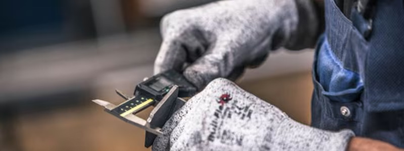 Persoon met grijze handschoenen gebruikt een digitale schuifmaat om een object te meten in een industriële omgeving.