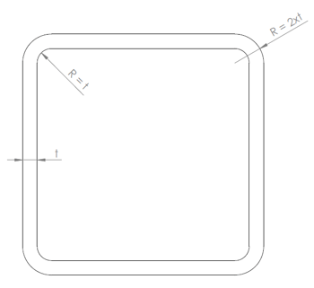 Technische tekening van een lasergesneden metalen koker met afgeronde hoeken, inclusief radiusmaten voor nauwkeurige kanten in metaalbewerking.