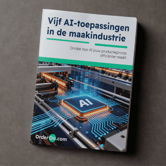 Book cover titled “Vijf AI-toepassingen in de maakindustrie” with subtitle “Ontdek hoe AI jouw productieproces efficiënter maakt.” The cover shows a glowing AI chip on a circuit board. Website “OrderOn.com” appears at the bottom.