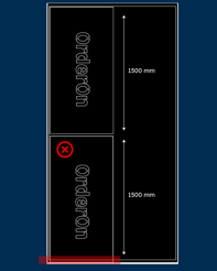 Afbeelding toont twee verticale ontwerpen van elk 1500 mm hoog. Links zijn twee gestapelde blokken van elk 750 mm met het woord 'Orderon'; het onderste blok heeft een rode X-markering. Rechts is één enkel blok van 1500 mm met het woord 'Orderon', zonder markeringen.