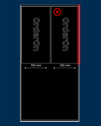 Diagram met twee verticale rechthoeken van elk 750 mm breed, beide gelabeld met 'OrderOn'. De rechter rechthoek bevat een rood gemarkeerd gebied met een rode X in de rechterbovenhoek, wat mogelijk een fout of beperking aanduidt