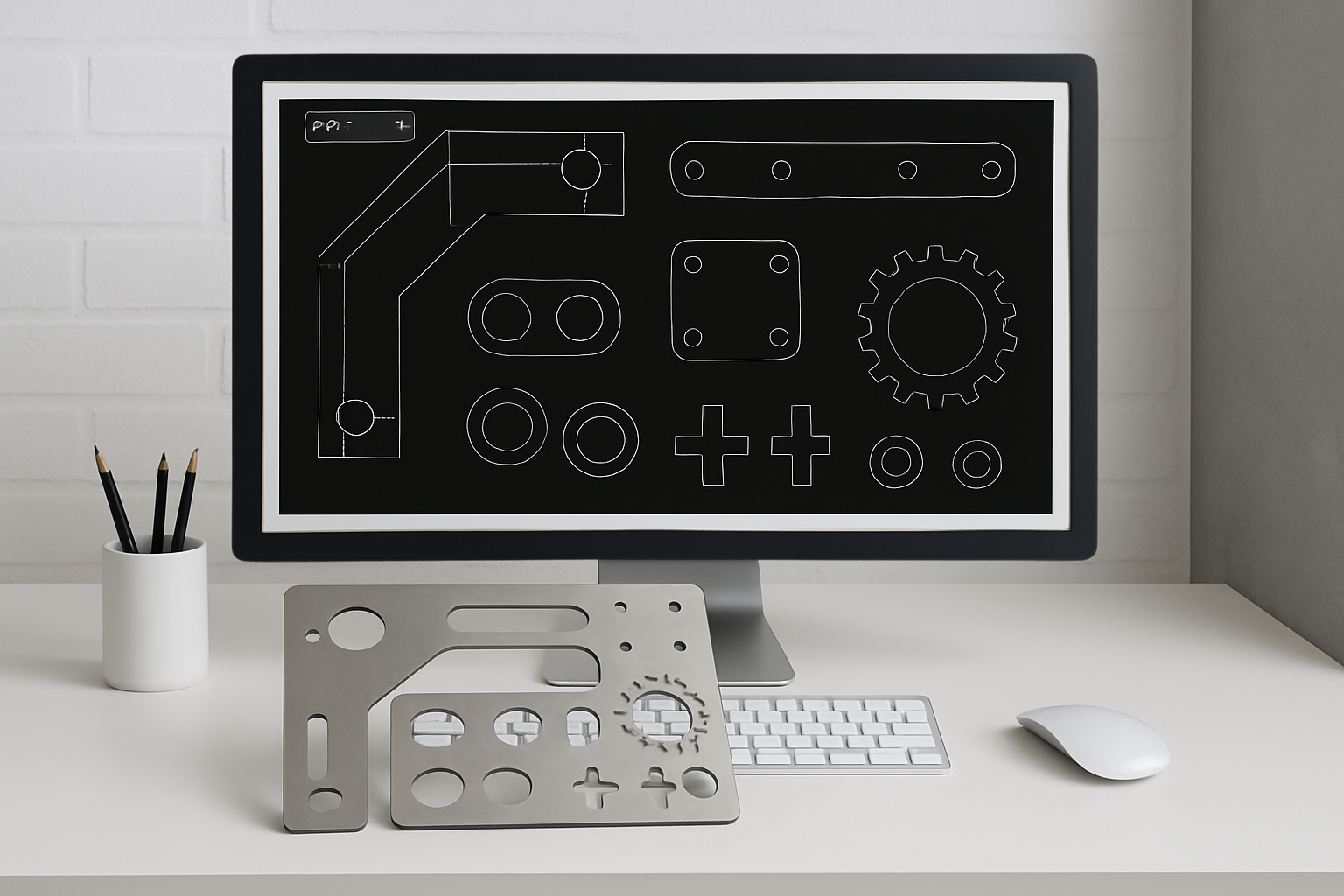 A clean, modern workspace with a computer screen displaying a technical DXF drawing. Next to the screen, a metal sheet with laser-cut parts is visible. The environment suggests precision, engineering, and digital manufacturing. The focus is on clarity and structure in the drawing, with subtle visual cues like labeled layers or clean contours.