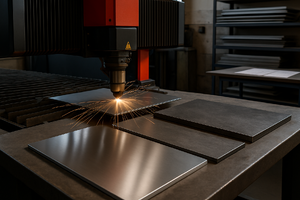 Lasersnijden van plaatstaal binnen metaalbewerking met vonken en nauwkeurige positionering van metalen platen.