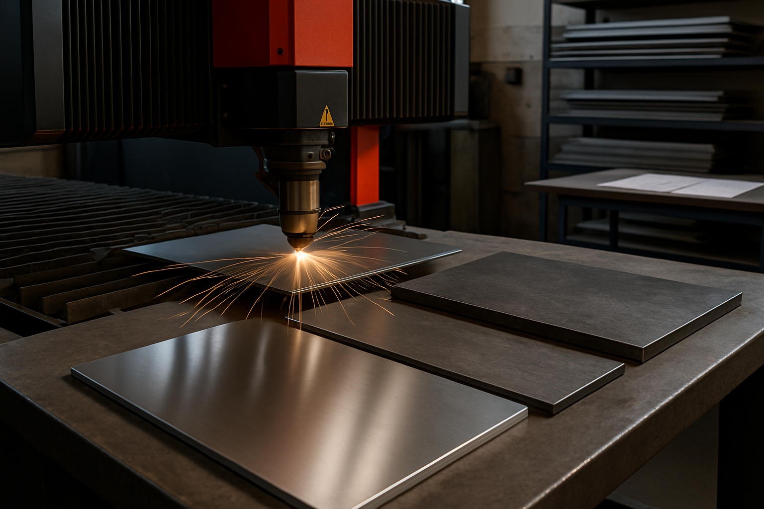 An industrial workshop with a modern laser cutting machine in operation. Bright beams of light cut through sheets of different metals placed nearby: stainless steel with a smooth, reflective silver finish, aluminum with a sleek and shiny surface, and steel sheets showing both cold-rolled smoothness and hot-rolled rugged texture. Each metal sheet is clearly distinguishable by its unique appearance. In the background, shelves stacked with additional metal sheets and a workbench with technical drawings add realism. The atmosphere is photorealistic, professional, and precise, with natural lighting and high detail.