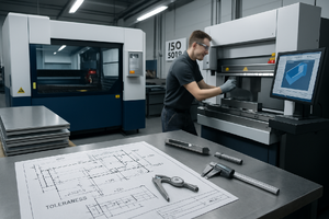 Metaalbewerker voert nauwkeurig kanten uit van plaatstaal met CNC-kantbank in moderne metaalbewerking werkplaats.