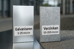 Vergelijking van galvaniseren en verzinken in metaalbewerking met verschillende laagdiktes op metalen samples.