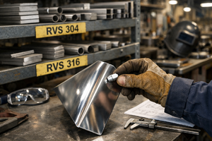 Metaalbewerking: medewerker voert nauwkeurig kanten uit op RVS plaat in werkplaats met gelabelde materialen.