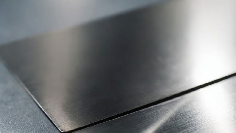 Close-up van twee aluminium oppervlakken met een smalle tussenruimte, glad en reflecterend met een geborstelde textuur.