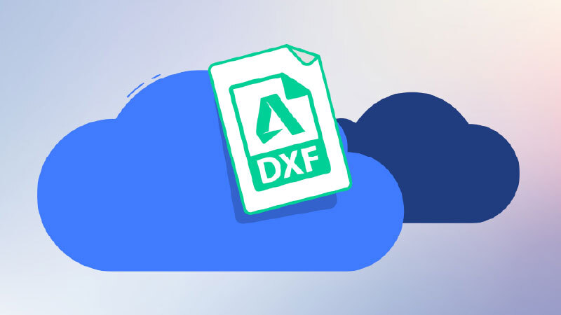 Twee overlappende wolk-iconen in licht- en donkerblauw met daarboven een DXF-bestandsicoon met groene rand en de tekst 