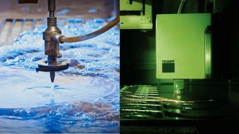 Vergelijking tussen waterstraalsnijden en lasersnijden: links een waterjet-machine met abrasieve straal, rechts een TRUMPF laser-snijmachine voor precisie metaalbewerking.