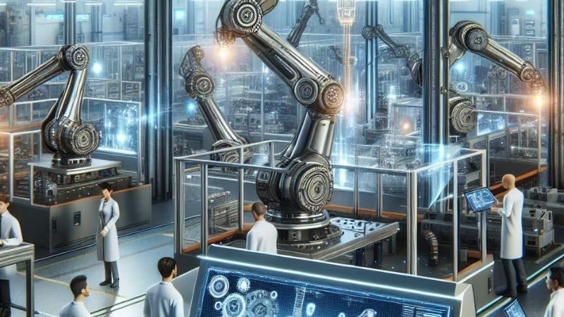Hoogtechnologisch laboratorium met geavanceerde robotarmen en digitale interfaces, waar wetenschappers in witte jassen samenwerken aan automatisering en AI-onderzoek.