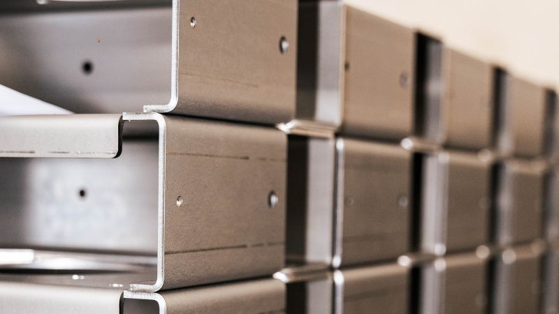 Gestapelde U-vormige metalen profielen met geborstelde afwerking, geschikt voor industriële constructie en precisie fabricage.