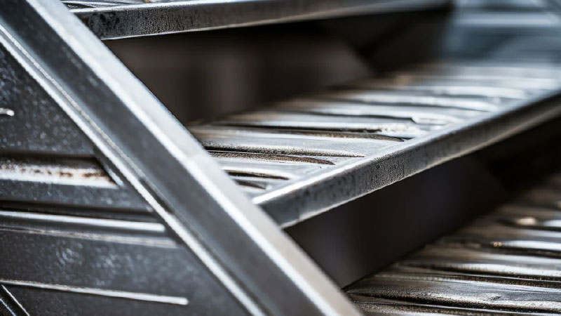 Close-up van gegalvaniseerd staal met zichtbare textuur, groeven en patroon, onderdeel van een trap.