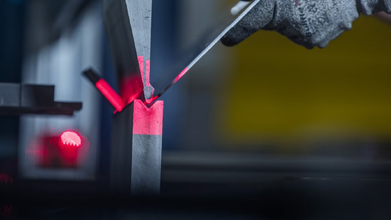 Close-up van een kantproces waarbij een metalen plaat met een handschoen tegen een V-vormige matrijs wordt gehouden, met rode laserlijnen voor uitlijning.