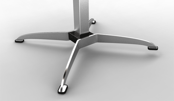 Metalen onderstel van Roxtable met vier uitlopende poten en vlakke rechthoekige voeten, gemaakt van glad en reflecterend materiaal