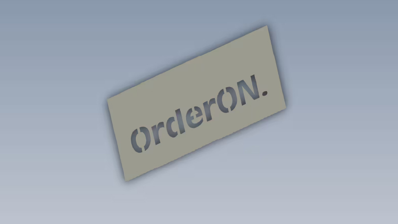 Een voorbeeld van een metalen plaat op basis van een STEP file met de tekst OrderON. erin. 