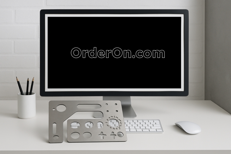 Metalen plaathouder met uitgesneden vormen ter illustratie van lasersnijden binnen de metaalbewerking, geplaatst op een bureau.