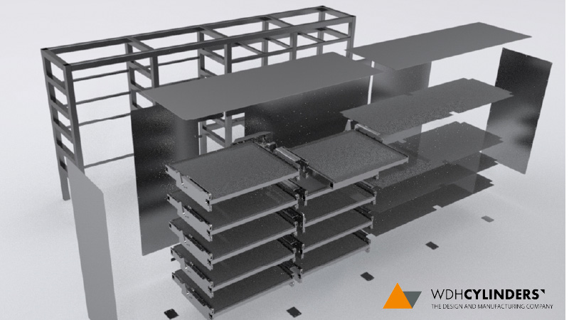 3D-rendering van een modulaire opbergsysteem met frames, legplanken en panelen in een exploded view, inclusief logo van