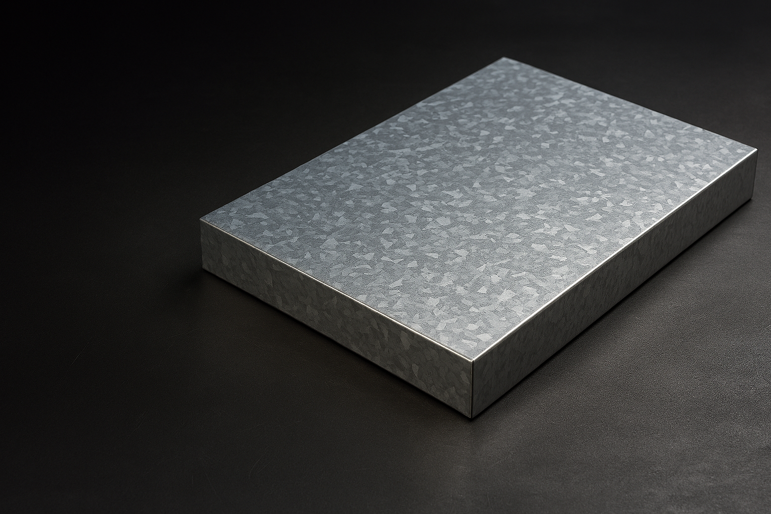 Hyperrealistische foto van een vlakke rechthoekige plaat Sendzimir‑staal op een donkere ondergrond, met zichtbaar matte, zink‑magnesium‑coatingstructuur.